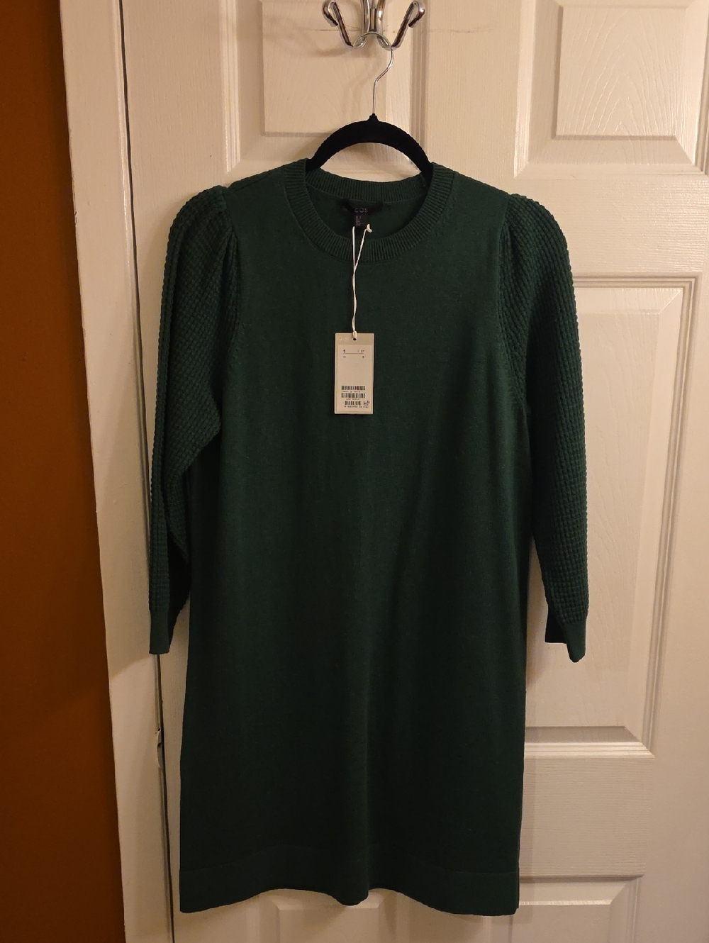 COS Green Knit Puff-Sleeve Sweater Dress